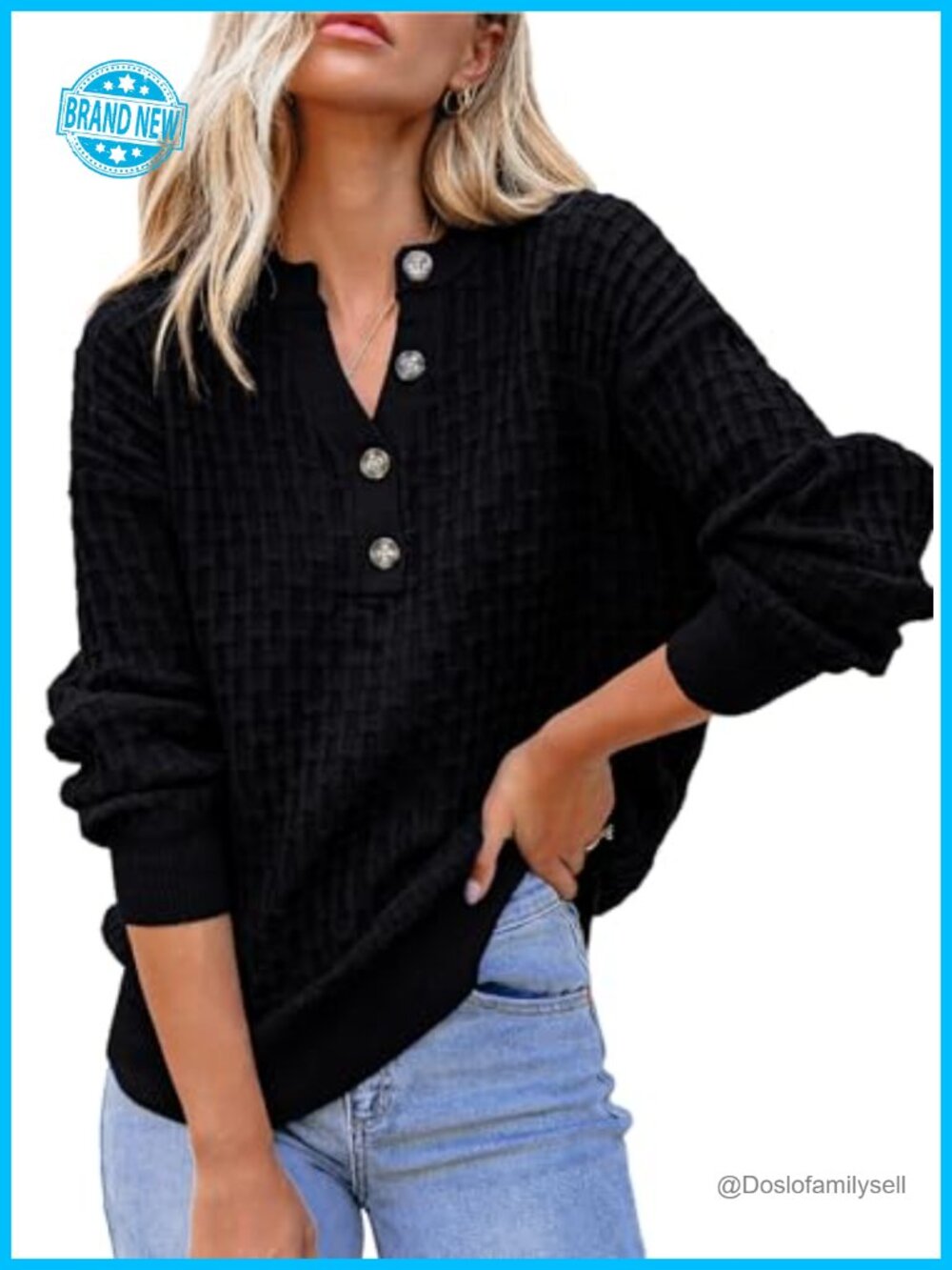 Long Sleeve Henley Sweater V Neck Textured Button Loose Fit Fall Jumper Top